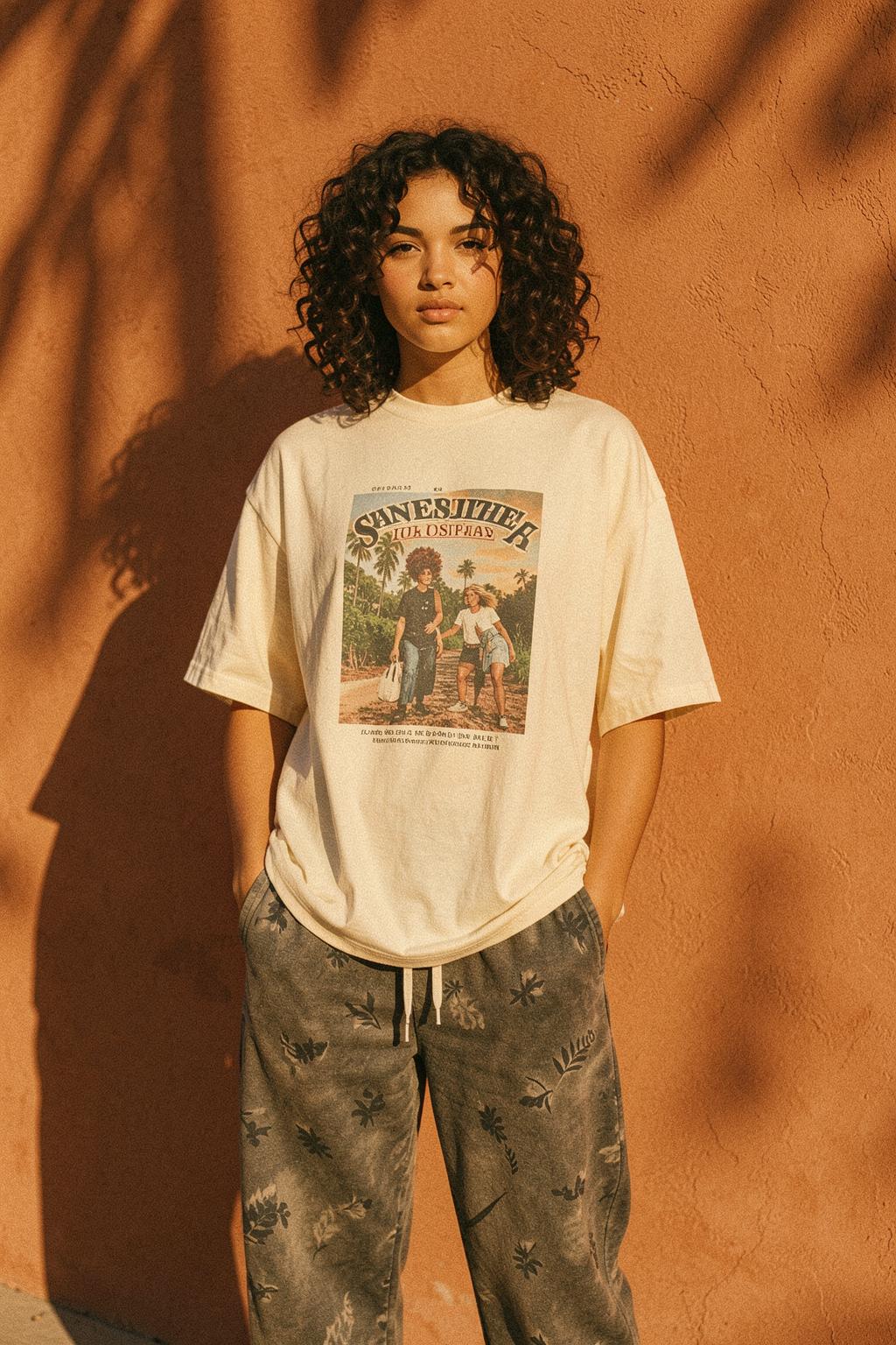 DLH Store streetwear — oversized screen-print tee and joggers at golden hour in San Diego